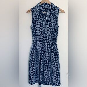 Sleeveless Navy Geometric Tie-Waist Dress